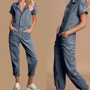 PISTOLA Grover Cargo Jumpsuit Blue, Size Medium Pockets Button Front
